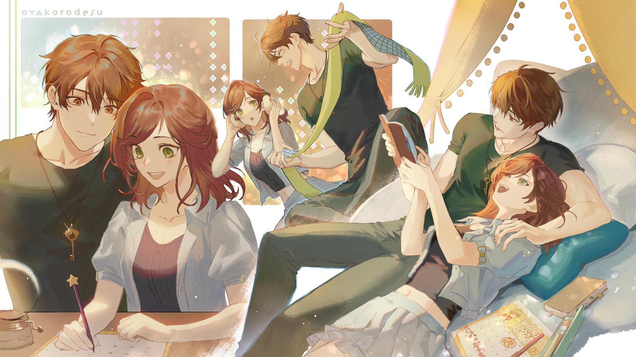 this is a digital illustration depicting a romantic couple in an intimate setting. the couple appears to be relaxing at home, with a tent set up indoors, a cozy blanket, and pillows. the boy in the illustration has brown hair and green eyes, he is wearing a green shirt and a