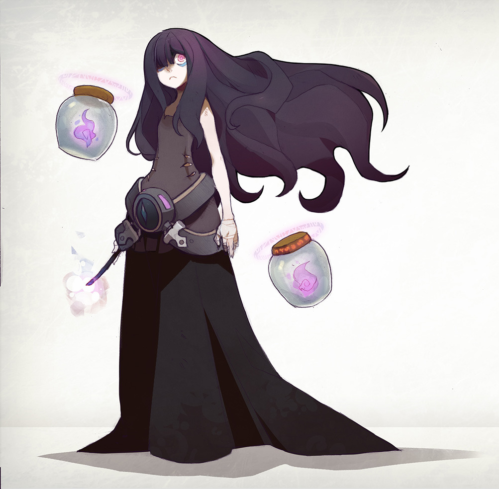the image showcases a female anime character set against a minimalist offwhite backdrop. she's distinguished by her long, flowing black hair, piercing white eyes with purple accents, and a somber expression. her attire is a unique blend of gothic and futuristic elements, featuring a long, flowing black dress paired with a techinspired belt. notably, she holds a wand emitting a soft glow, and two glass jars containing ethereal purple wisps float beside her, hinting at her magical abilities.