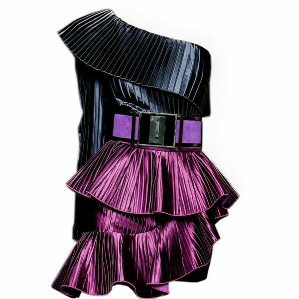 a oneshoulder dress with a black pleated top and a purple tiered skirt with ruffles, cinched at the waist with a purple belt. the dress appears to be made of shiny, metallic fabric.