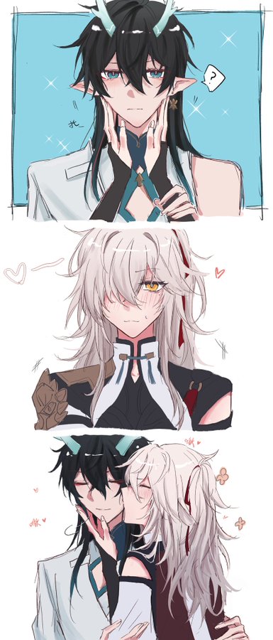 the image is an animestyle illustration of a young man and woman. the woman has long white hair and blue eyes, and she is wearing a white shirt with a black ribbon. the man has black hair and green eyes, and he is wearing a black shirt. they are standing close together, and the man is kissing the woman's cheek. the background is a sky with pink clouds and flowers.  the couple appears to be very happy and in love.
