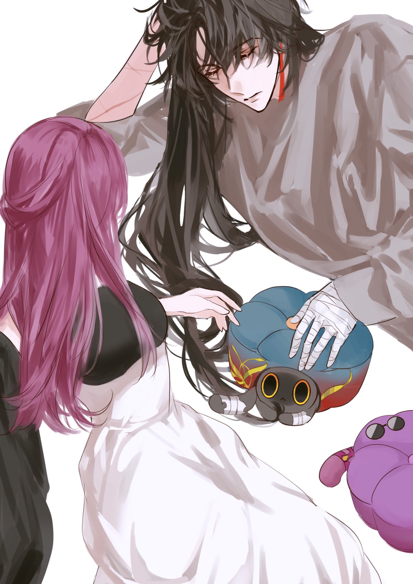 the image shows a couple in a loving embrace. the girl has pink hair and is wearing a white dress with a black top. she is leaning against the boy, who has black hair and is wearing a grey shirt. they are surrounded by cute plush toys and seem to be enjoying each other's company. the image is drawn in a manga style and is full of cuteness.