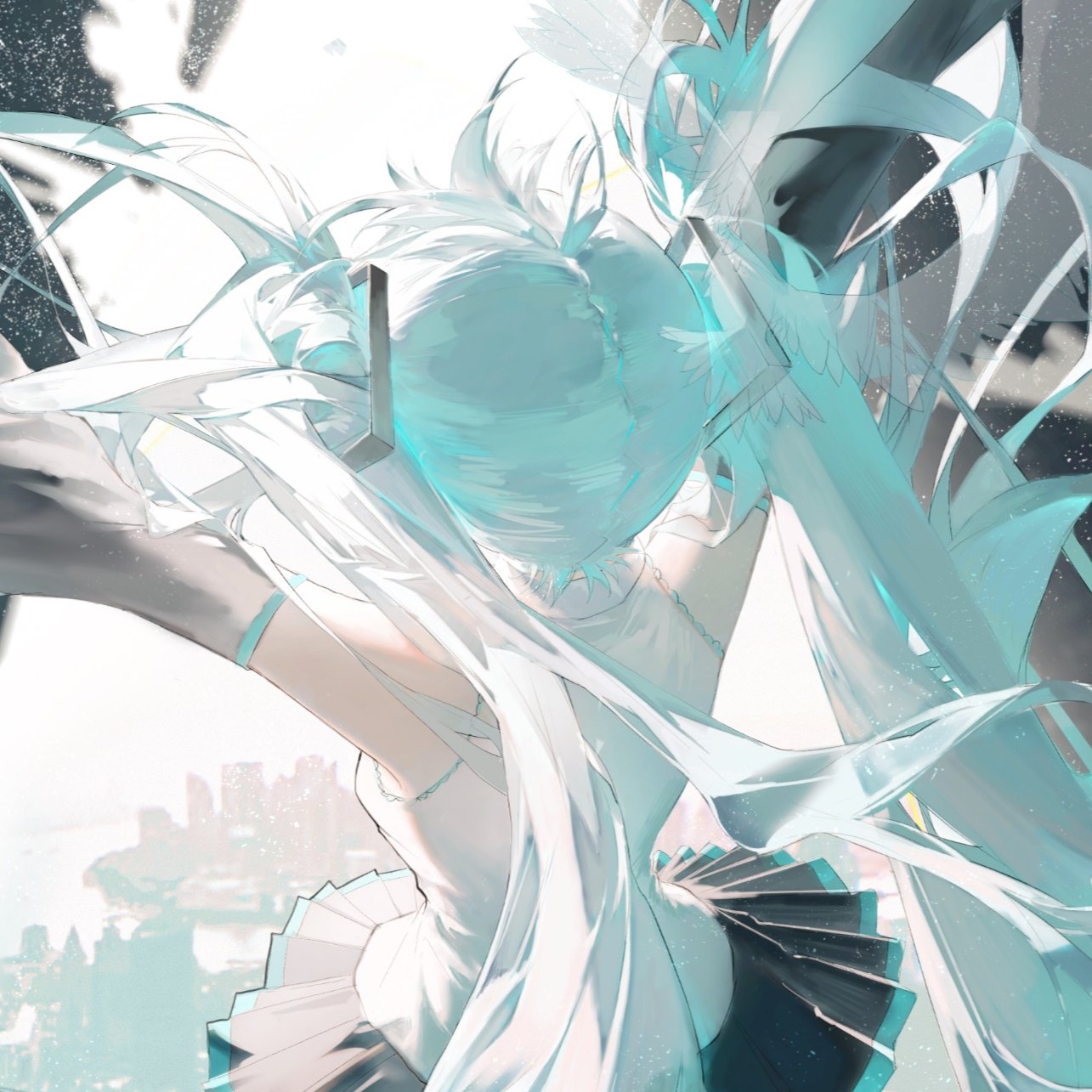 he image is a digital painting or illustration of hatsune miku, a popular vocaloid character.  she is depicted with her signature long, teal and white hair flowing dramatically in the wind.  she is wearing a white dress with dark accents and appears to be in motion, possibly leaping or twirling. the background features a blurry cityscape, giving a sense of distance and depth. the overall style is ethereal and beautiful, emphasizing movement and light. the colors are soft and pastel, creating a dreamy atmosphere.