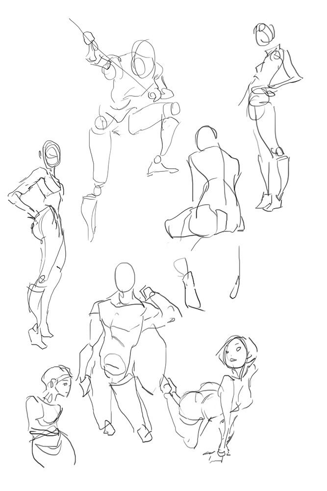 he image contains a collection of quick gesture drawings of human figures in various poses. the style is loose and expressive, focusing on capturing the movement and energy of the poses rather than precise anatomical detail.  the lines are fluid and sketchy, and there's a range of poses, from dynamic action poses to more relaxed seated positions. the drawings are done in black and white, and appear to be done quickly, possibly as studies for a larger artwork or as practice exercises.