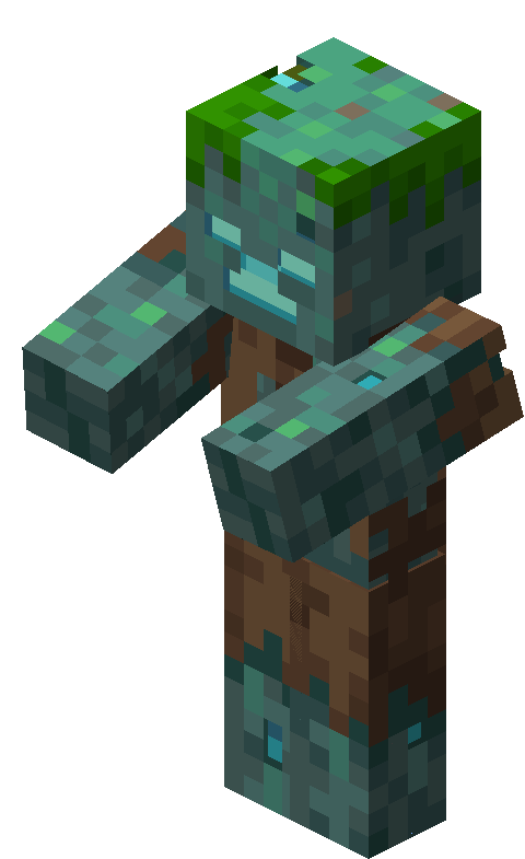 the image is of a drowned, a common zombie mob found in ocean biomes within the popular video game minecraft. the drowned is depicted in its default form, featuring a turquoisegreen color palette indicative of its underwater nature. it is wearing a tattered brown shirt.