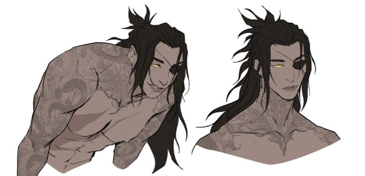 this is an animestyle illustration of a man with long black hair tied back, an eyepatch over his right eye, and various tattoos on his body. he is portrayed as handsome and cool. the illustration is done in a black and white style with subtle shading.