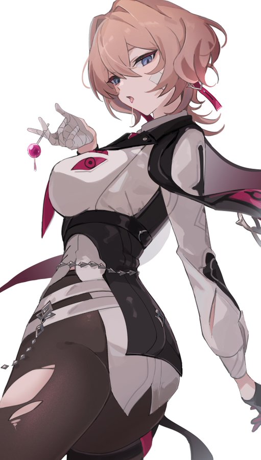 a young woman with long pink hair is wearing a white and black outfit with a red trim, and