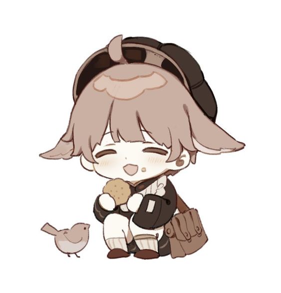 a chibistyle illustration of a character with animal ears and a satchel. they are seated on the ground with a content smile, happily enjoying a cookie. beside them, a small bird companion perches on the ground.  the overall palette uses soft browns and tans, giving a warm and gentle atmosphere.  the background is blank white.