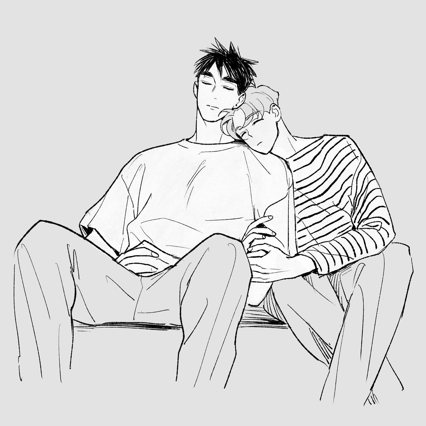 he image is a black and white line drawing of two young men cuddling and resting together. the one on the bottom is leaning his head against the other's shoulder. they are both sitting comfortably, and one is wearing a striped sweater while the other wears a simple shirt and pants. the style of the art is reminiscent of manga or anime, and the overall mood is one of peacefulness and intimacy.