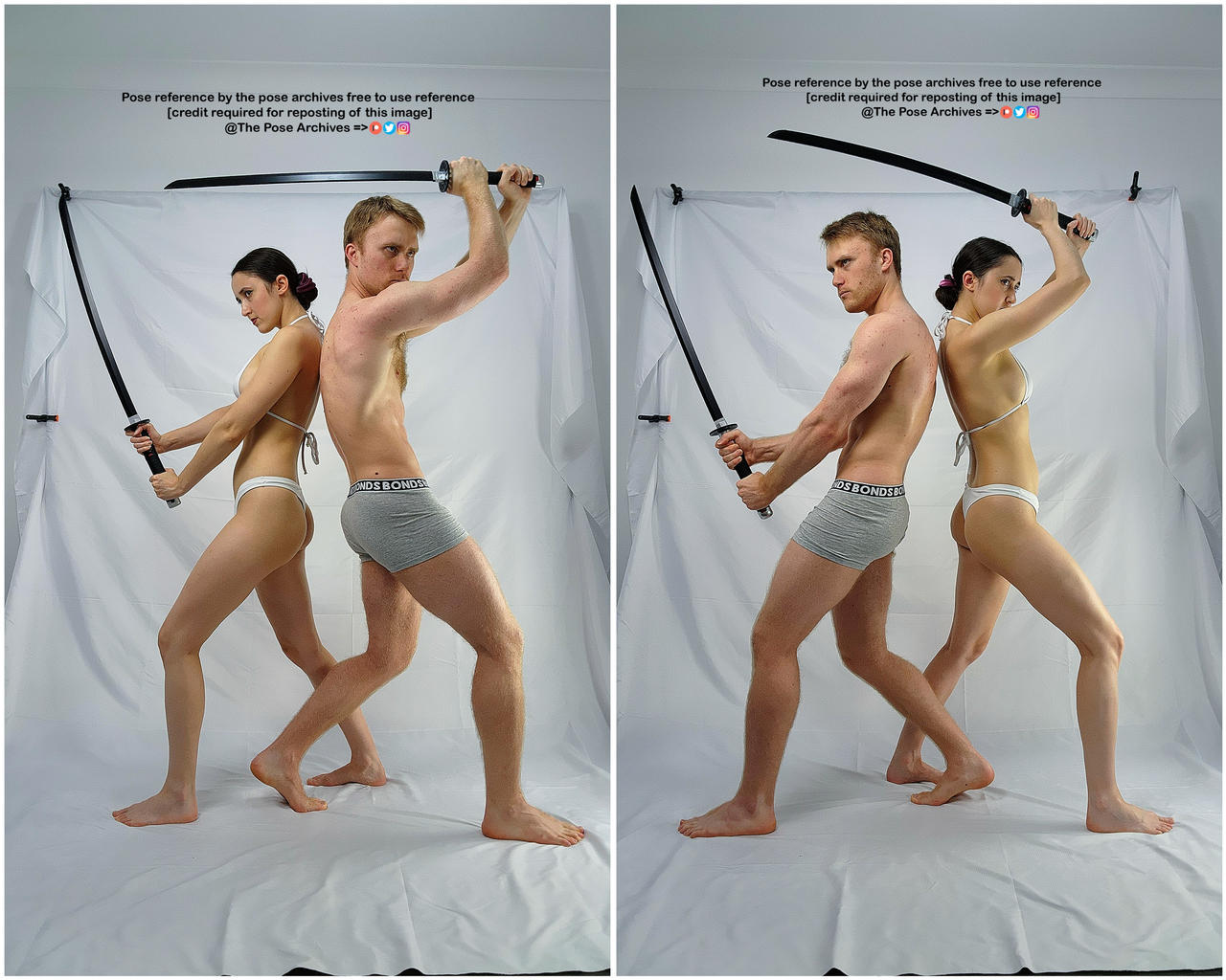 a man and a woman are posing in a fighting stance against a white backdrop. they are both holding katanas. the man is shirtless and wearing grey underwear. the woman is wearing a white bikini top and bottom. the image is a pose reference for artists.```