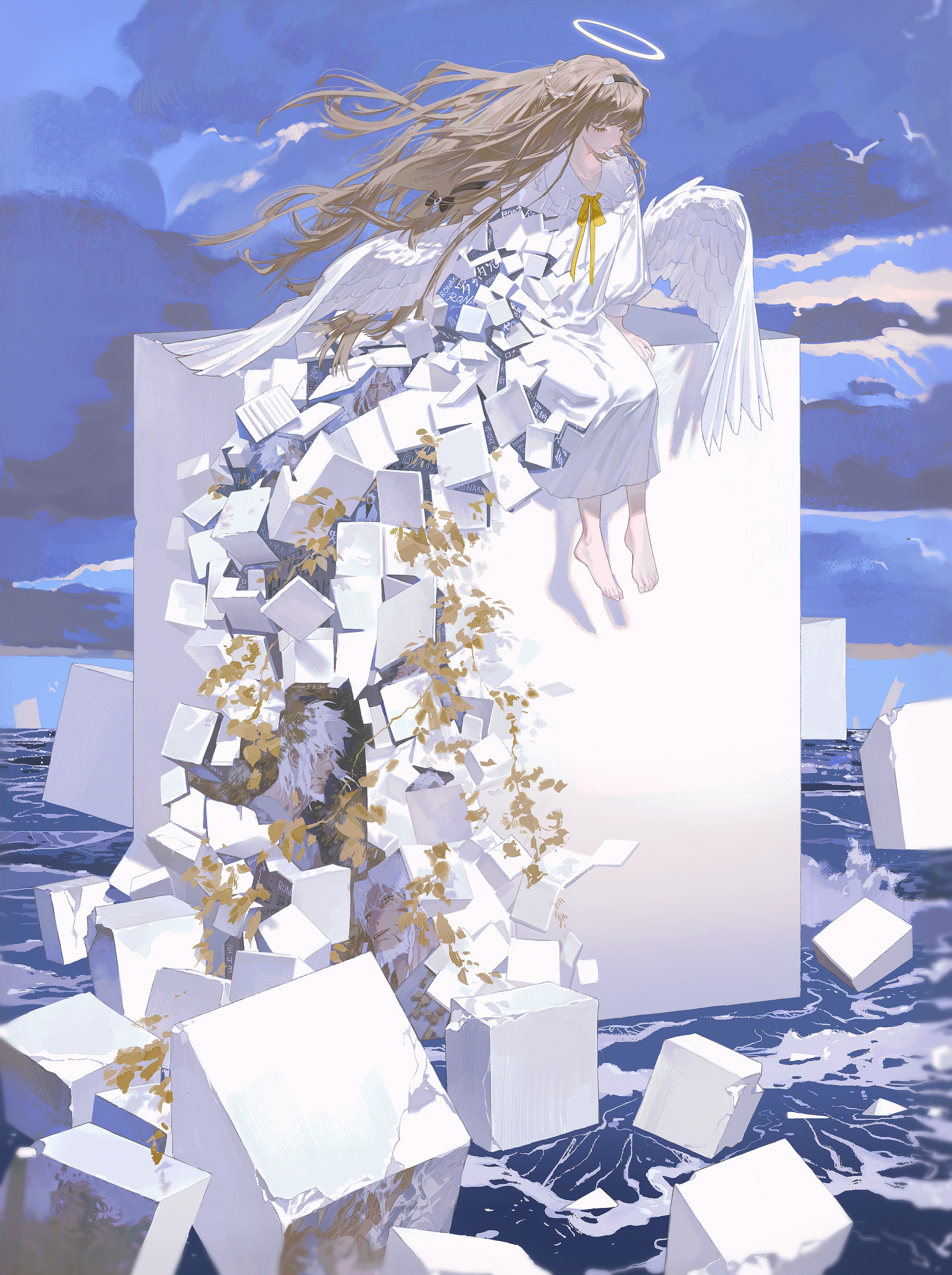 the image depicts a young girl with long, flowing blonde hair. she is wearing a white dress and has wings, a halo, and appears to be an angel. she is sitting on a white block, which is surrounded by other white blocks, as if they are floating or falling in the sky or sea. the background is a blue sky with clouds and a sea. the image is surreal and dreamy, with a fantasylike quality. it gives off a sense of peace and tranquility.