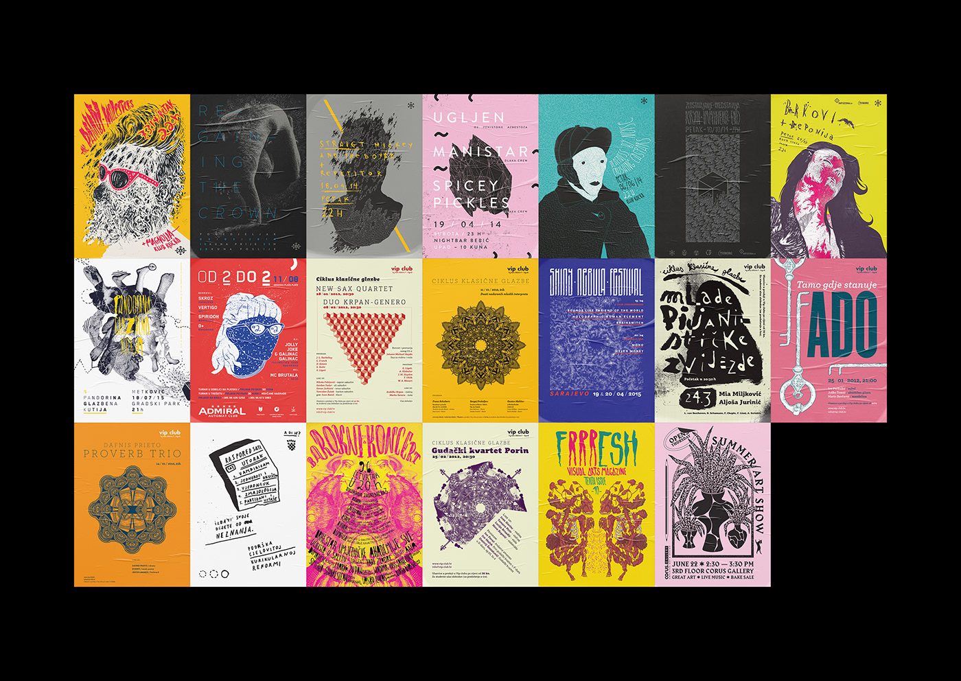 the image showcases a collection of 16 posters with a distinct artistic style. the designs are eclectic, incorporating elements of graphic design, illustration, and collage. common themes include music events, concerts, and exhibitions. the posters feature a mix of vibrant colors, bold typography, and intricate details.