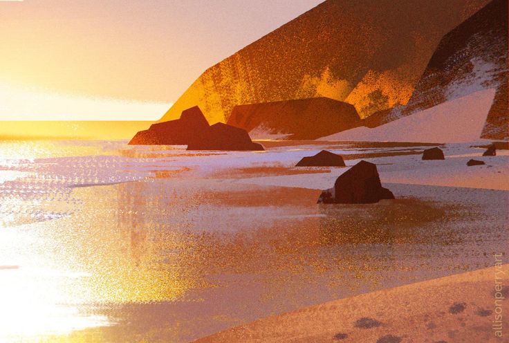 this is a digital painting of a sunset on a beach. the sun has already set below the horizon, casting a warm, orange glow over the scene. the sky is a mixture of yellow, orange, and pink hues. in the foreground, we see a sandy beach with some rocks scattered around. footprints are visible in the sand, suggesting someone was there recently. the ocean is relatively calm, with gentle waves lapping at the shore. the water reflects the golden light of the setting sun. in the background, a large, dark mountain rises up on the righthand side of the image. the overall atmosphere is one of peace, tranquility, and the beauty of nature.