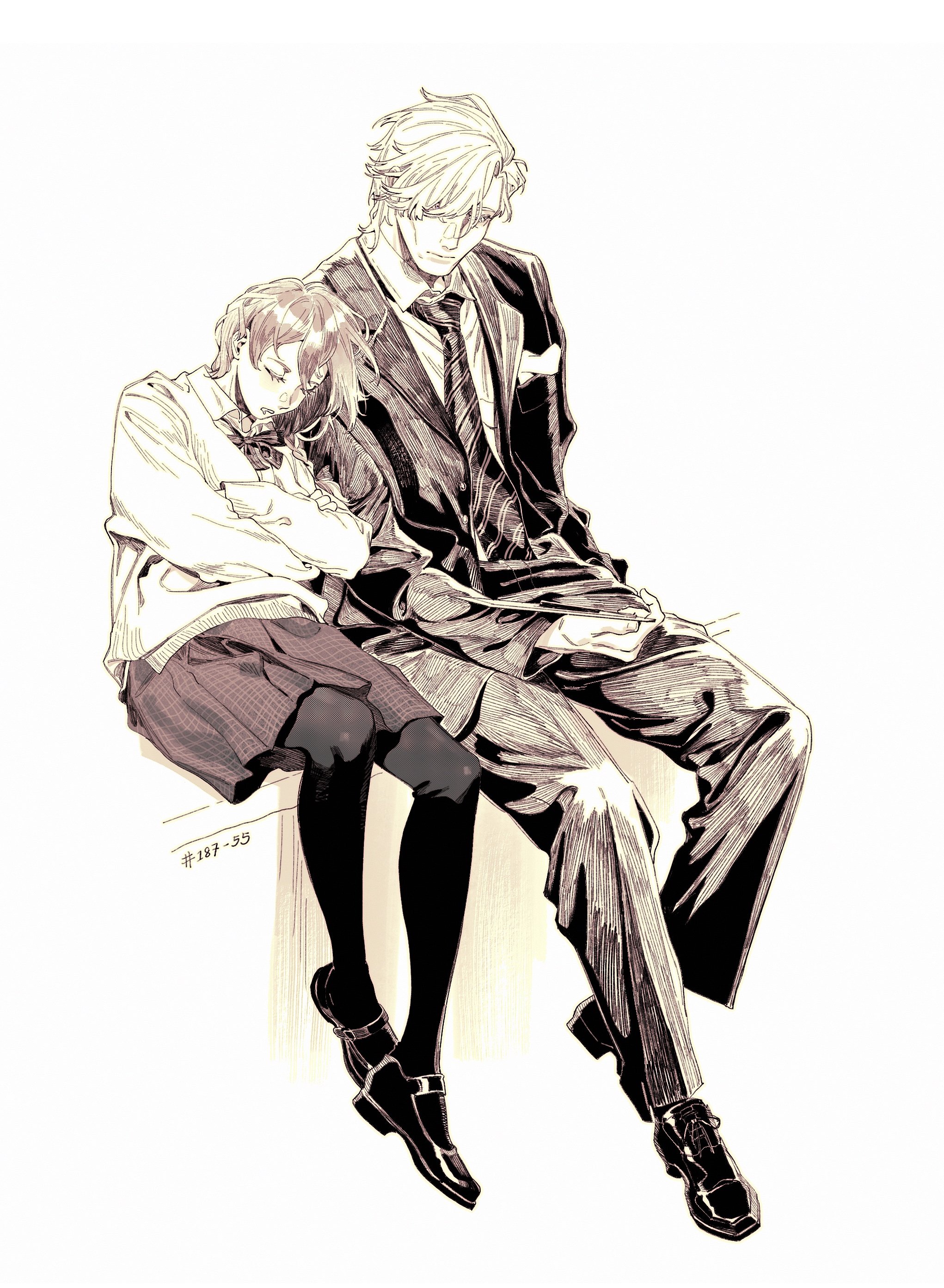 this is an anime style drawing of a couple sitting together. the female is wearing a school uniform and is leaning her head on the male's shoulder, who is wearing a suit, his hand is on hers. it is drawn in black and white, with fine lines that look like a sketch.