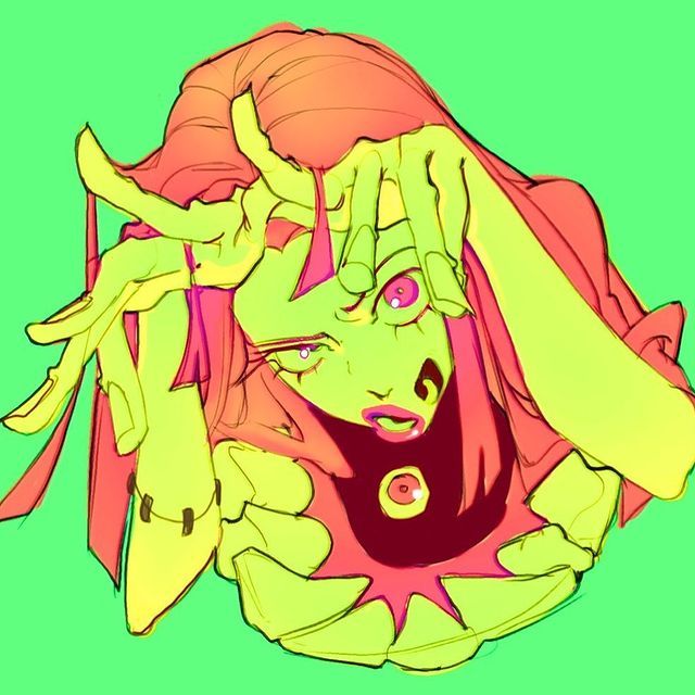 a vibrant and colorful illustration of an anime woman. she has pink hair, green skin, and yellow outlines. her eyes are large and bright, and she is looking up with a surprised expression.  her hair is flowing and dynamic, and her hands are raised to her face, as if she is shielding herself from something.