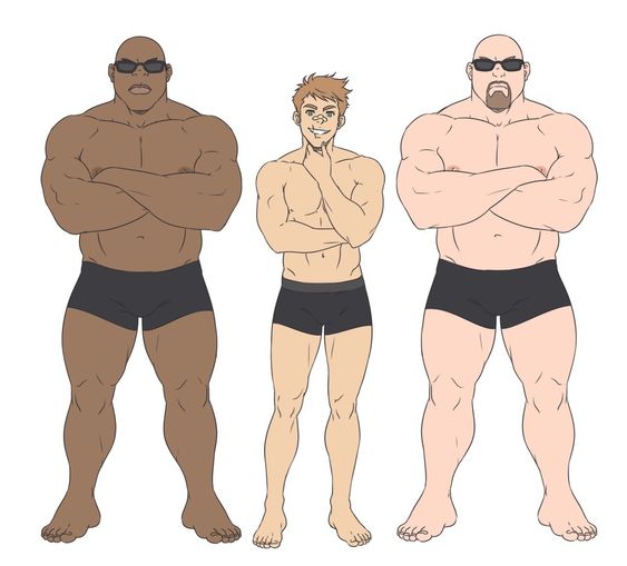 an illustration of three men standing in swimsuits. the two men on the outside are muscular bodybuilders, while the man in the middle is a more average build. they are all wearing black shorts and sunglasses. the man on the left is black, the man in the middle is white, and the man on the right is white. they all appear to be in good shape.