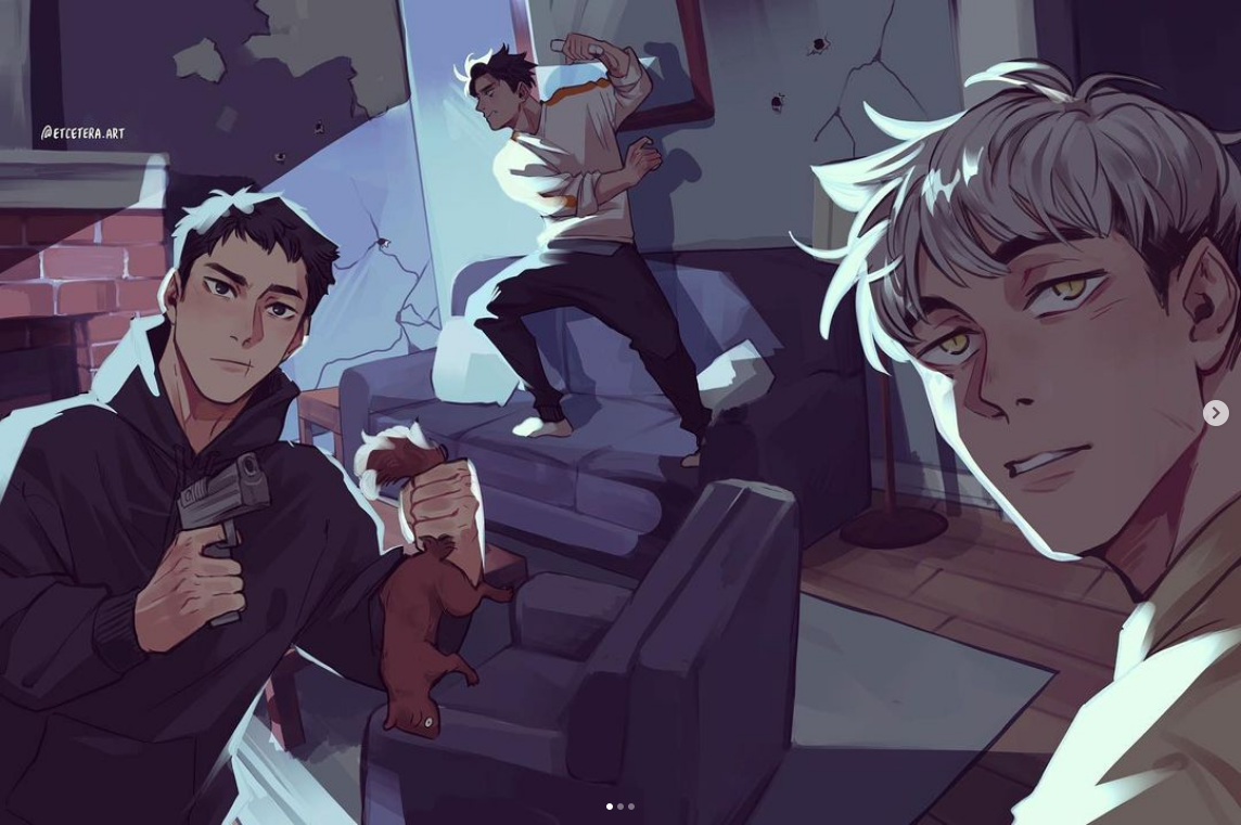 the image depicts a stylized illustration of three young men in a damaged living room. the scene is chaotic and humorous, suggesting a wild night. one character holds a gun playfully while another jumps on the couch.  the third character takes a selfie, capturing the chaos. the warm color palette and dynamic poses create a sense of energy and camaraderie.