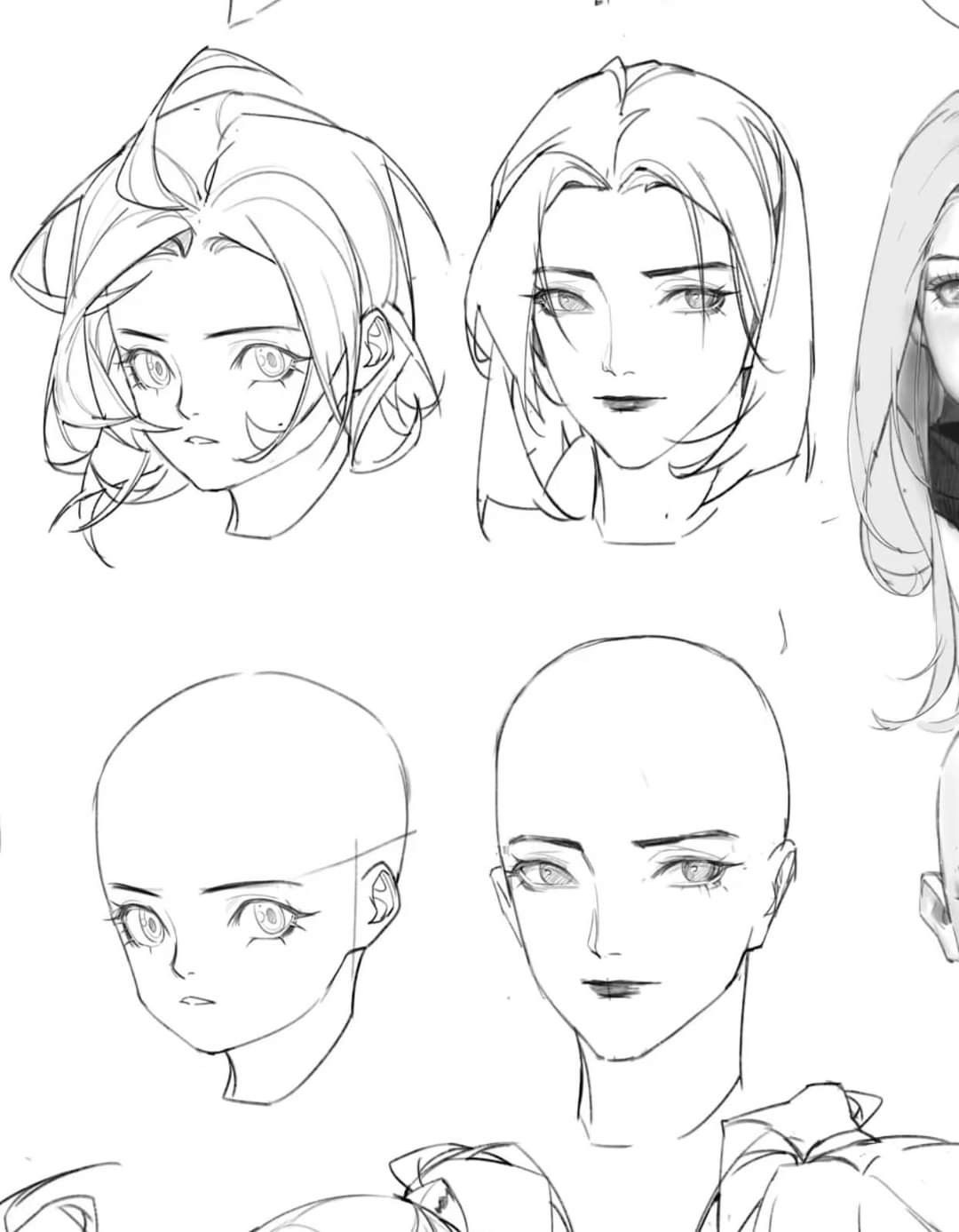 the image showcases multiple sketches of female faces, focusing on different hairstyles and head positions. it appears to be a tutorial or reference for drawing heads and faces in a stylized art style, likely anime or manga. the sketches are done in various stages of completion, with some showing basic construction lines while others have more refined details.
