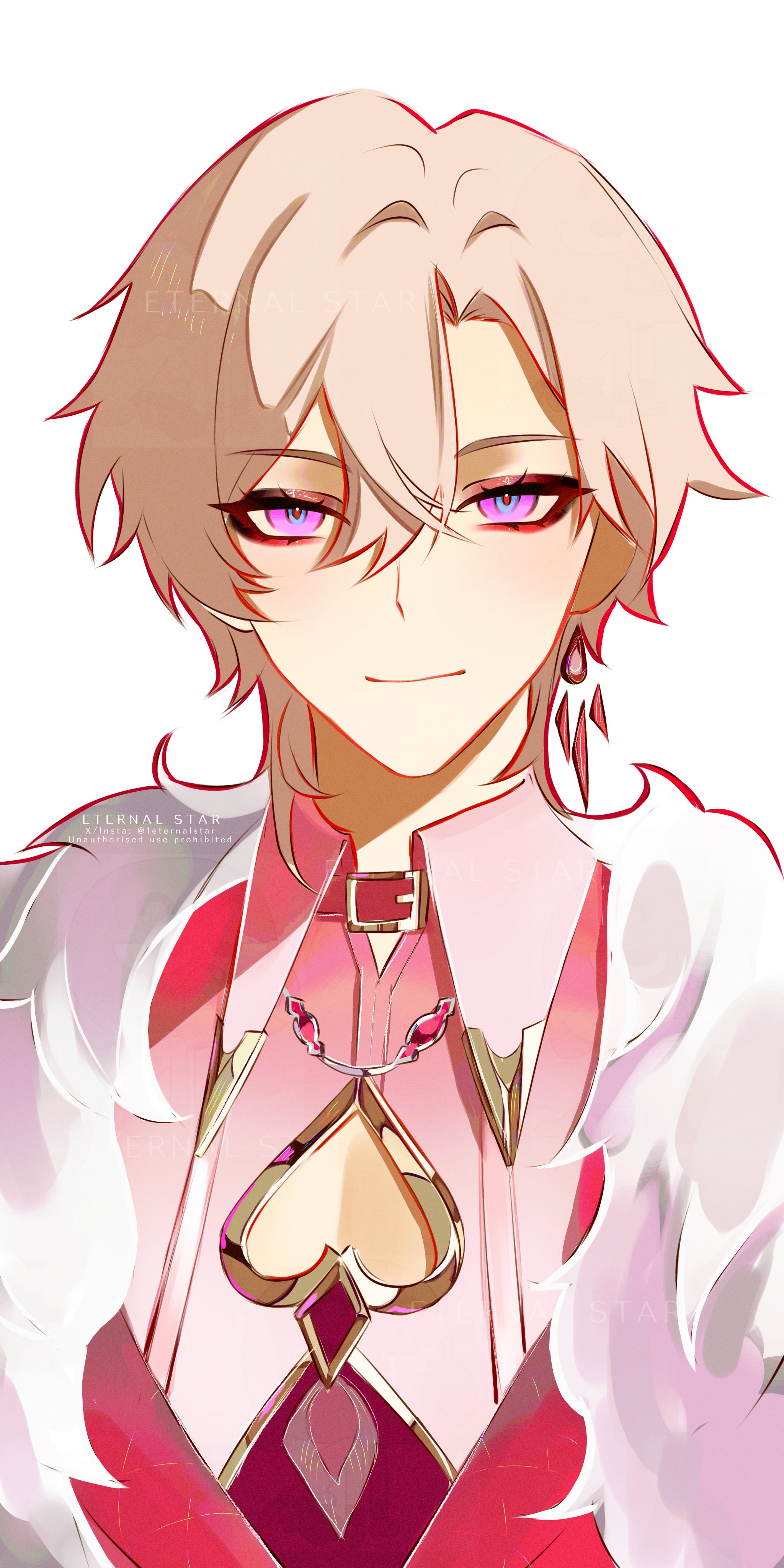 a closeup portrait of a male anime character with long, flowing, light pink hair. he has striking purple eyes and is dressed in a stylish pink suit with a white collar and a large golden heartshaped necklace. his  expression is confident and alluring.