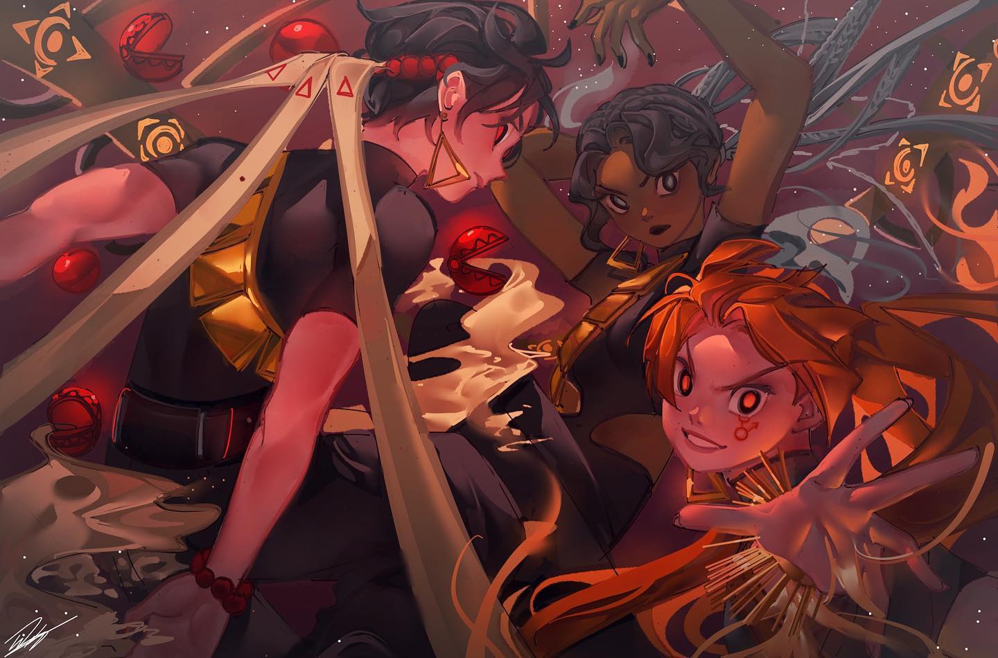 he image is a dynamic digital painting depicting three women in a fantasy setting. the central figure is a woman with long, flowing red hair, who has an intense, aggressive expression and her hand outstretched.  the other two women, one with dark hair and another with dark brown hair, are positioned around her, seemingly in a pose of either fighting or working together. they are adorned with gold and red details on their clothing and appear to have mystical or magical attributes. the background features swirling smoke, geometric shapes, and red orbs, adding to the fantastical ambiance of the piece. the overall style is animeinspired, with vibrant colors and stylized features. the women's expressions and body language convey a sense of power, fierceness, and energy.