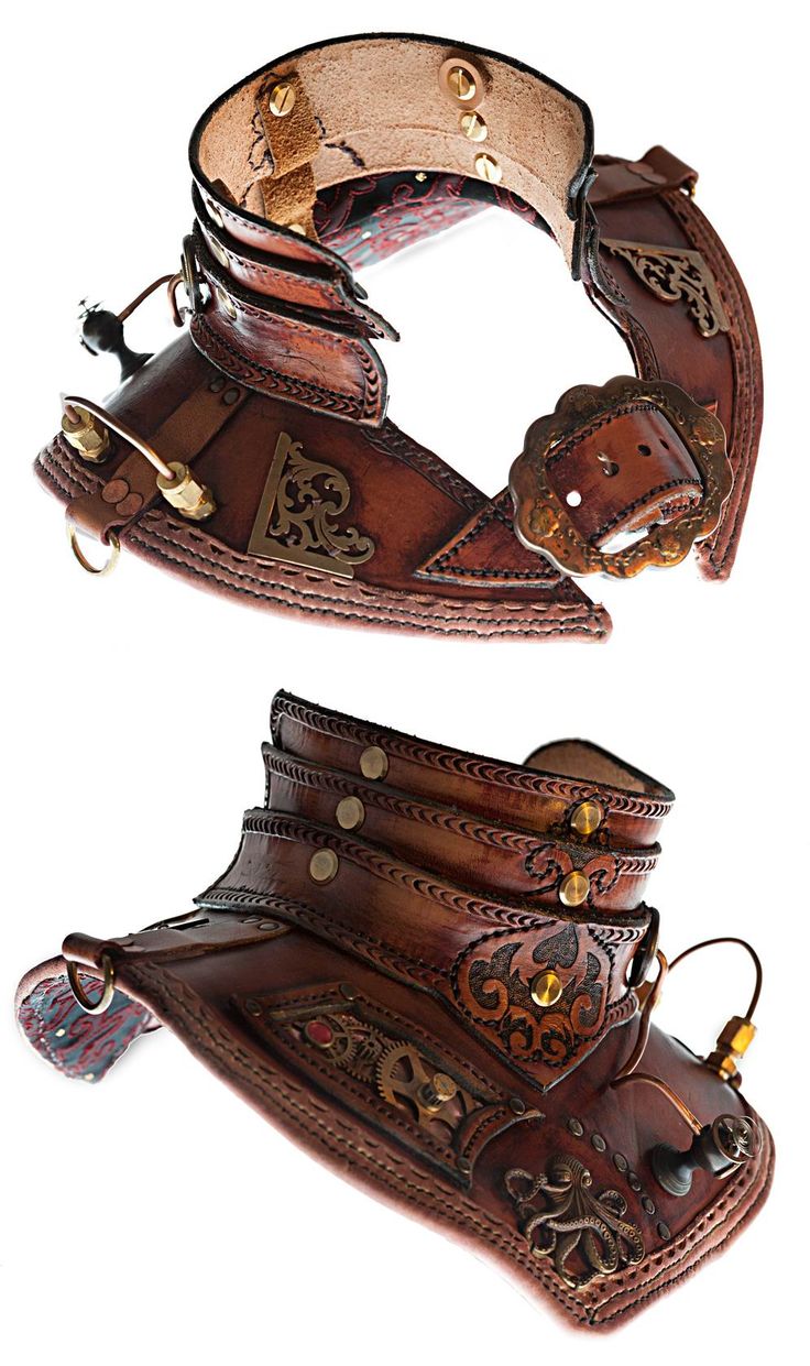 this image showcases a pair of steampunk leather collars. the collars are made of brown leather and feature intricate metal details, including brass gears and clockwork elements. the collars are designed to be worn around the neck and have a futuristic and gothic aesthetic. they are perfect for those who want to add a touch of steampunk style to their outfits.