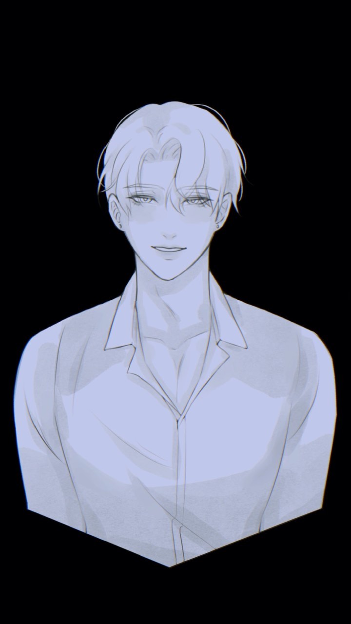 the image is a digital drawing or illustration of a young man with short, lightcolored hair. he has a soft, gentle expression on his face, and he is wearing a lightcolored collared shirt. the style is reminiscent of anime or manga. the background is black, providing a stark contrast to the lighttoned figure. the overall aesthetic is serene and peaceful. the artwork uses soft shading and linework to convey a sense of calm.