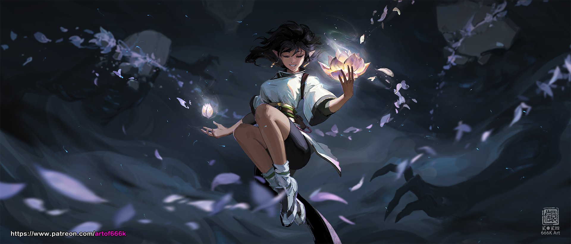 the image showcases a digital painting of a young animestyle girl with elflike ears and brown skin. she has short dark hair and is dressed in a flowing white outfit.  she is depicted floating amidst a dark, ethereal environment filled with swirling purple petals and glowing lotus flowers. one luminous lotus is held in her hand, and another floats near her. the overall style is fantasyinspired, with a focus on magical elements and atmospheric perspective.  the artist's watermark, "666k art," is visible in the lower right corner.