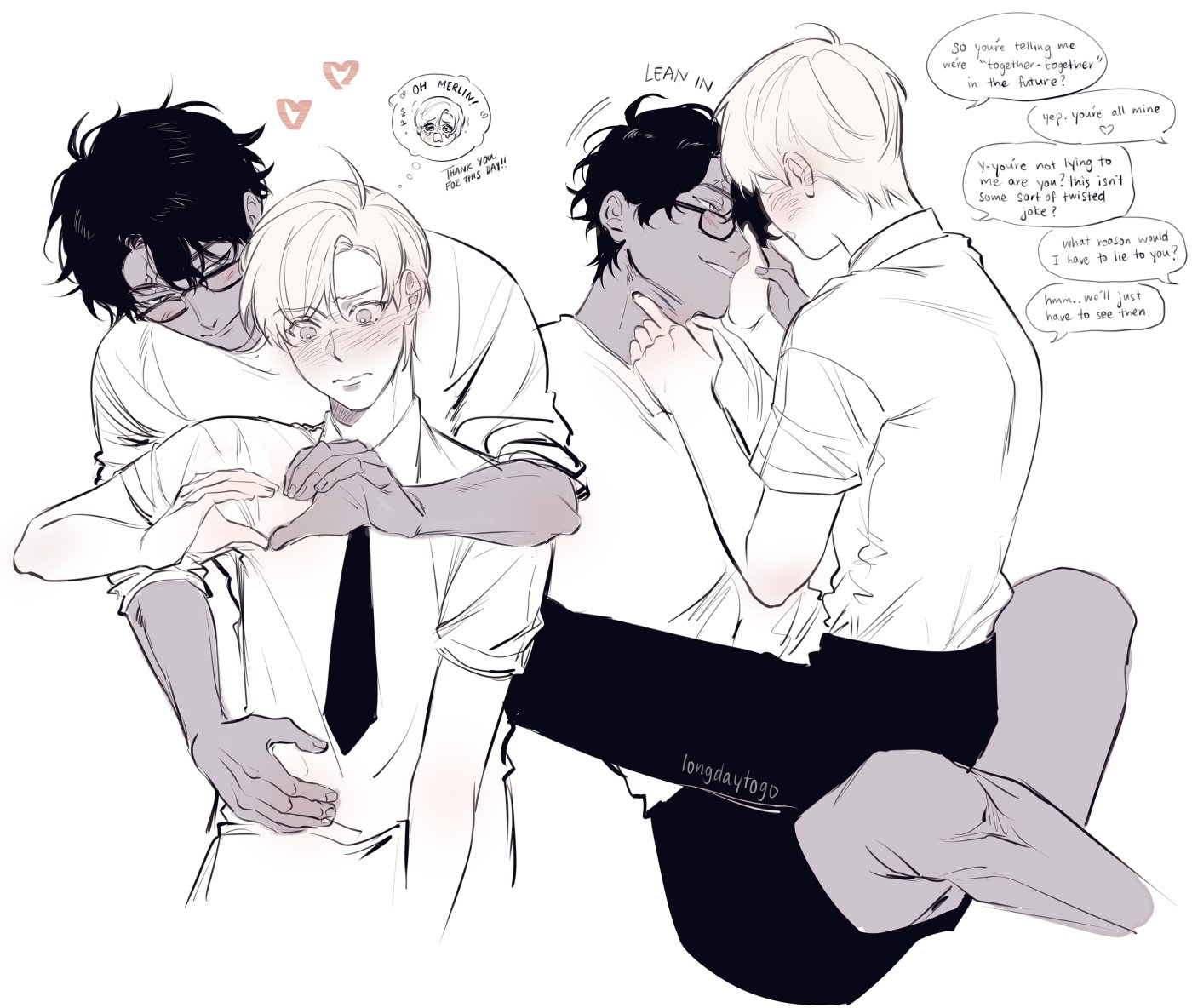 he image is a digital drawing or fanart depicting three young men in various intimate embraces, suggestive of a romantic relationship.  two pairs are shown in close, affectionate poses, with one couple embracing while another is leaning in, whispering.  there are speech bubbles with dialogue that indicates a conversation about their relationship and a prediction of their future together.  the art style is soft and somewhat sketchy, featuring light shading and line art, with soft coloring in grey tones. the overall mood is romantic and sweet, focusing on the closeness and affection between the characters.  a watermark with the artist's signature "longdaytogo" is visible.