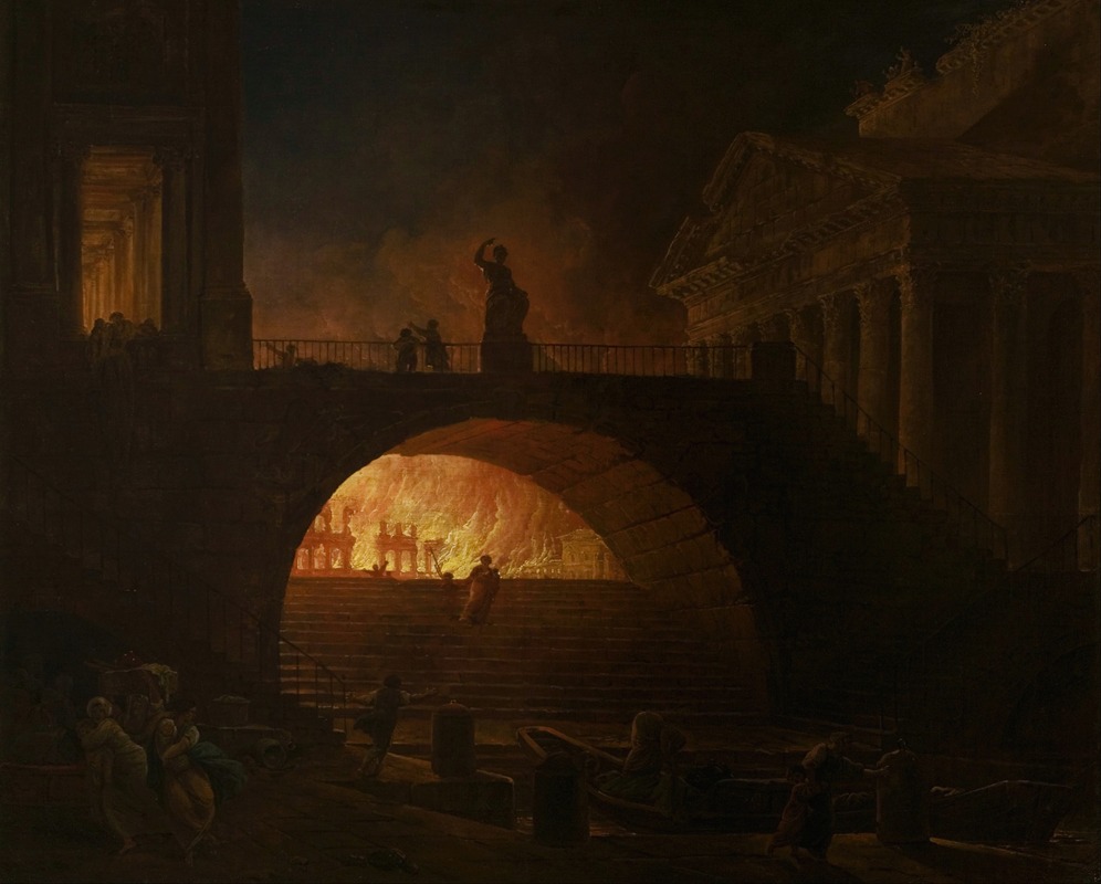 the image is an oil painting depicting a scene of intense destruction and chaos at night. a fire rages in the background, illuminating a cityscape dominated by classical architecture, including columns, arches, and templelike structures. people are fleeing in panic, some running down stairs, others escaping in boats. a bridge spans the scene, with figures silhouetted against the burning cityscape. the overall tone is dark and dramatic, conveying a sense of historical catastrophe and the overwhelming power of fire. the painting style is reminiscent of classicism, with detailed architectural renderings and a strong emphasis on light and shadow.