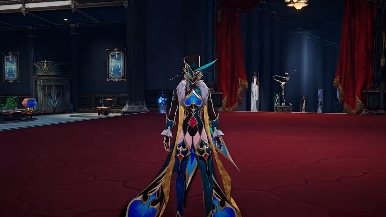 this is a still image from a video game. the image features a female character standing in a room. she is wearing a detailed, ornate costume with a hat and mask. her costume is a mix of blue, gold, black, red, and white. the room is decorated in a fantasyinspired style. the floor is a rich red color and the walls are dark with gold accents. there are decorative items throughout the room, including a statue of a ballerina and some paintings.