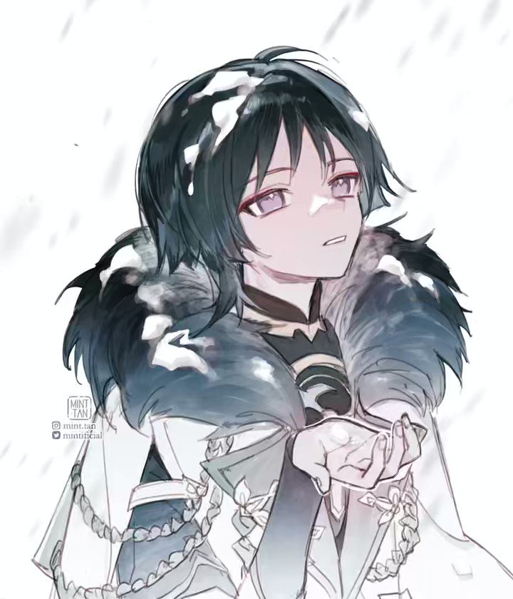 the image shows a young anime girl in a white coat with fur trim, holding a snow flake in her hand. she has long black hair, blue and purple eyes, and a bright pink smile. she looks up at the falling snow. she appears happy and content. the image is filled with details and is drawn in a beautiful style.