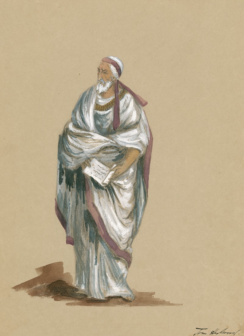 a drawing shows an elderly man standing and holding a book. he has a white beard and is wearing a white headpiece. he is dressed in a white toga with purple trim and is wearing a gold necklace. he is standing on a brown surface.