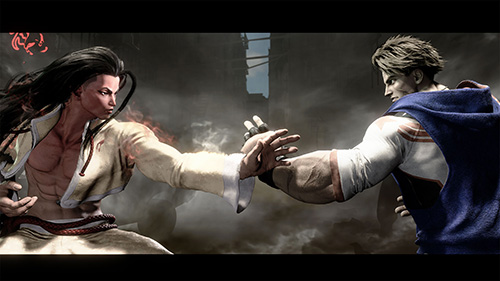 this image is from a video game that depicts two characters, one male and one female, in a fight. the male character is on the right side of the image, facing away from the viewer, while the female character is on the left side of the image.  the female character is facing toward the viewer. the male character has his arm outstretched to stop the female character's attack, and the female character has her hand in a clawlike posture. the image is darkly lit, and there is smoke in the background. the image has a grunge, city ruin style feel to it.