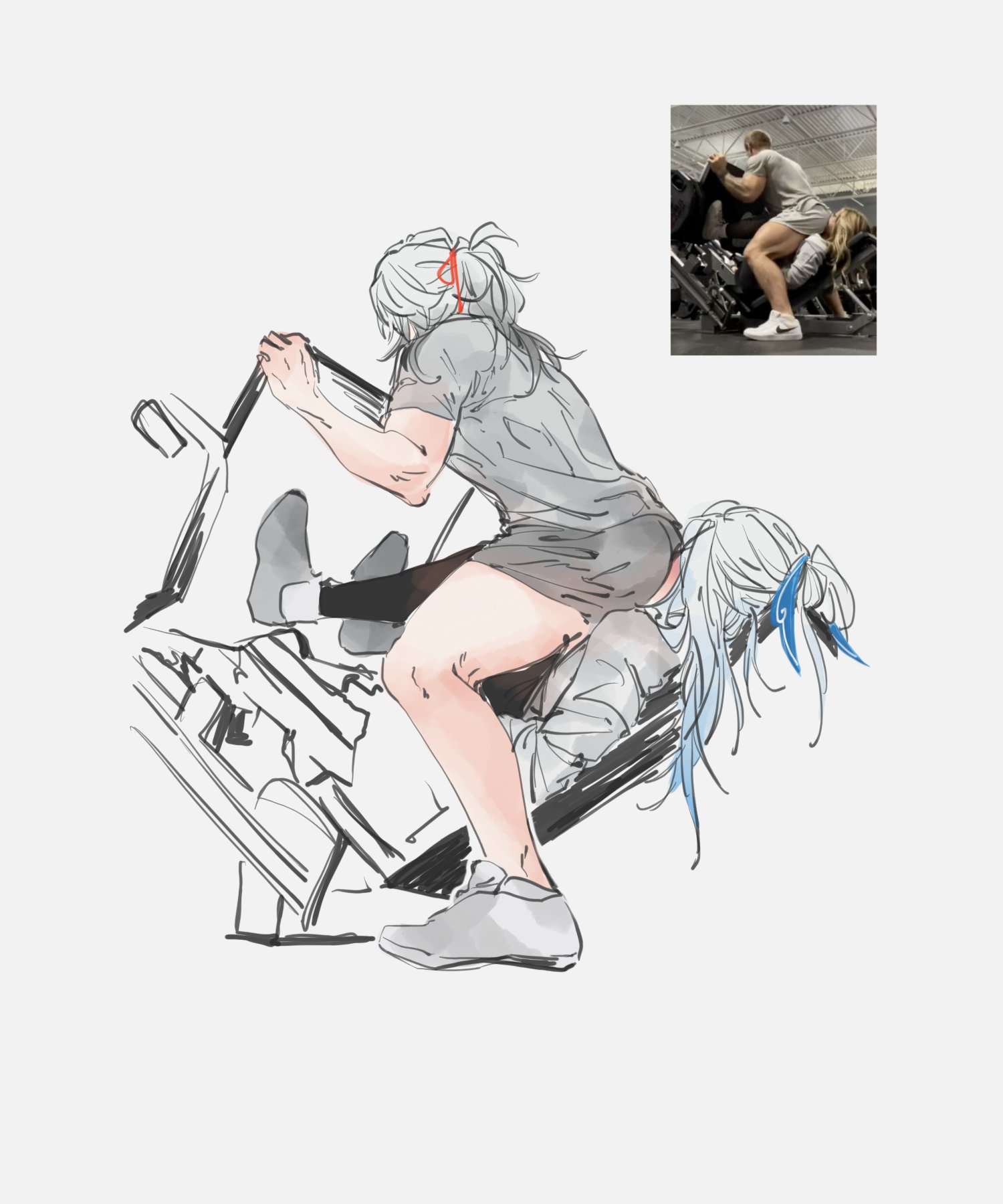 an animestyle drawing of two women in a gym. the woman in the foreground is sitting on a workout machine. her hair is white and she is wearing a gray shirt and black shorts. she has a red ribbon in her hair.  the woman behind her is wearing a gray shirt and a black skirt. her hair is white and she has a blue ribbon in her hair. the woman in the foreground is looking down and the woman in the background is looking up. the drawing is done in a sketchy style and is mostly black and white, with some color accents in the hair and clothing.
