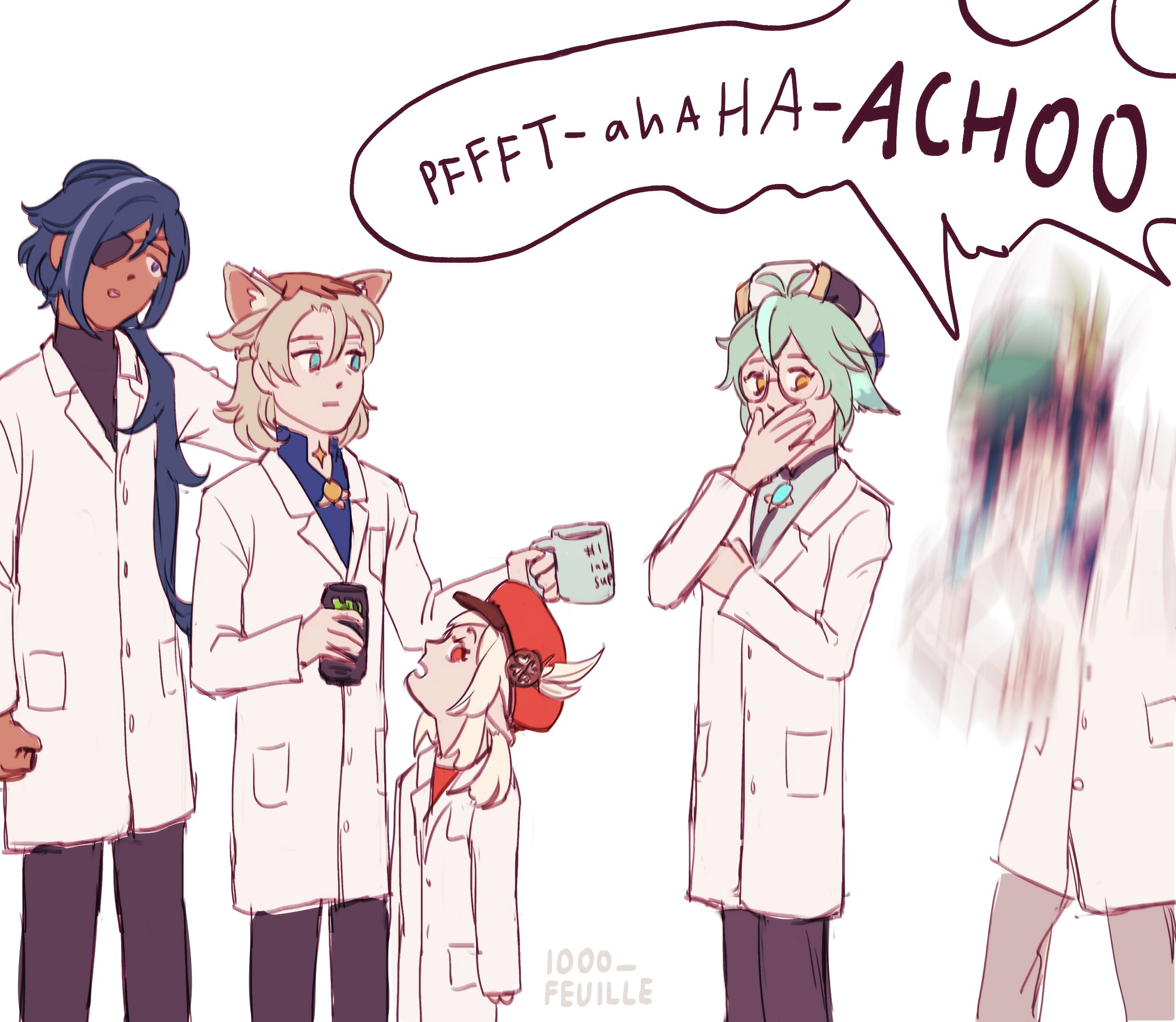 this is a cartoon illustration of four anime characters in white coats, as scientists. they are gathered around one of them, who is about to sneeze. one of the characters is covering their mouth with their hand, while another is laughing and saying "pfftaha haachoo". they are all reacting to the impending sneeze, and it appears to be a funny situation. the illustration is done in a simplistic style with loose lines, and the characters are all smiling and enjoying each other's company. the overall mood is lighthearted and playful, with a focus on friendship and camaraderie.
