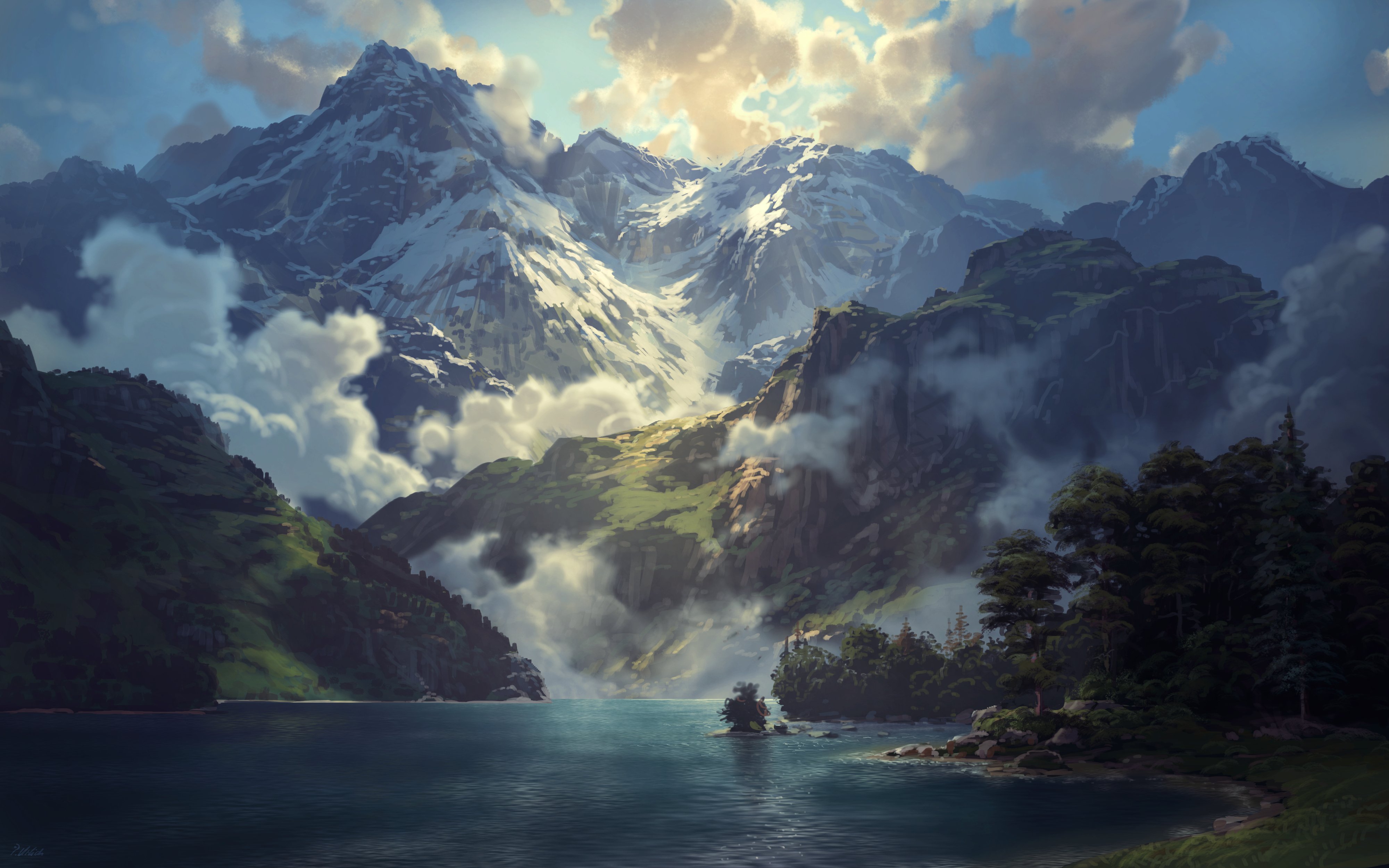 the image showcases a breathtaking landscape dominated by a majestic range of snowcapped mountains. the peaks rise dramatically from a serene valley, where a calm lake reflects the surrounding scenery. clouds and mist gracefully drape over the mountains, adding to the atmospheric depth. lush green forests line the shores of the lake, adding a vibrant touch to the otherwise cooltoned mountain landscape. the sun's light filters through the clouds, casting a soft glow over the scene, creating a tranquil and idyllic atmosphere. the overall aesthetic is that of a digital painting or illustration, capturing the scene with remarkable detail and color.