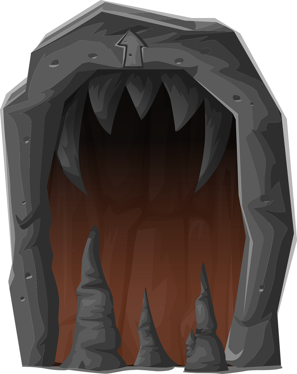 an illustration of a cave entrance that resembles a monster's mouth. the entrance is framed by jagged, gray rocks that form sharp teethlike shapes. the interior is a dark, reddishbrown color. there are several stalactites hanging from the top of the entrance and stalagmites rising from the bottom. an arrow pointing upwards is engraved in the top center of the entrance. the background is black. the style is cartoonish.
