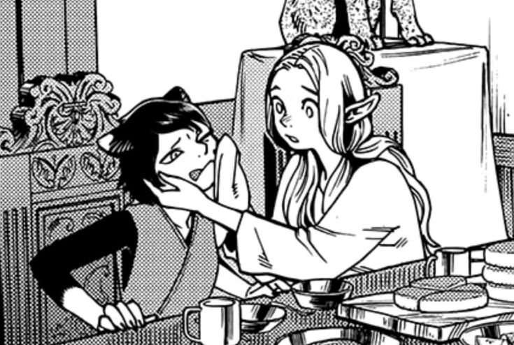 a closeup black and white manga panel depicts two girls sitting at a table. one girl has cat ears and the other has elflike ears. the elfeared girl is holding the cateared girl's face with a concerned expression.  the table is set with bowls and plates of food. the background features ornate furniture and details. the overall style suggests a fantasy or magical girl setting.