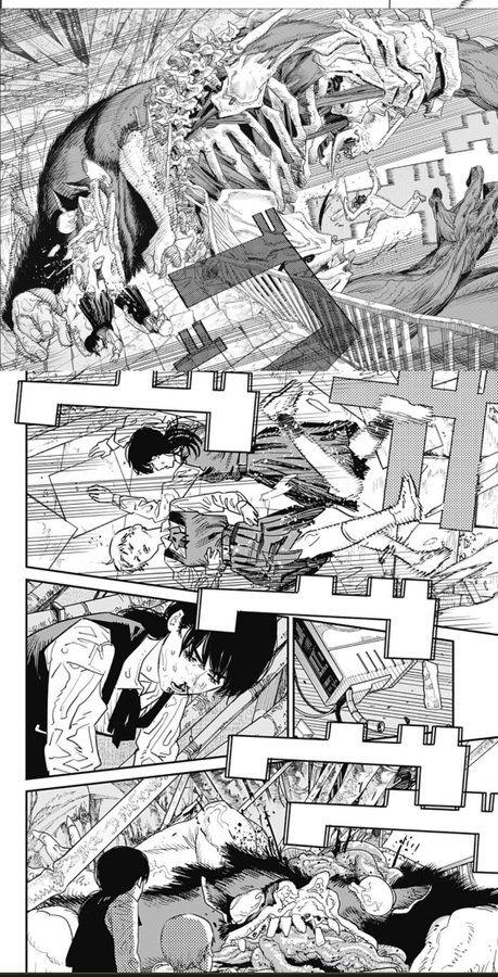 he image is a manga page depicting a chaotic and violent scene.  the style is highly detailed and expressive, using a blend of hatching and line work to create a sense of movement and texture. the top panel shows a large, monstrous creature, seemingly made of decaying bodies or flesh, looming over a damaged cityscape. the following panels show a series of smaller, more focused scenes: a woman fighting a creature, people falling or collapsing, and a young person seemingly injured and on the ground. the overall mood is one of intense action, fear, and possibly the end of the world.  the paneling is dynamic, using different sizes and shapes to enhance the narrative and create a sense of urgency. the art style is gritty and realistic, even with the fantastical elements of the monster.