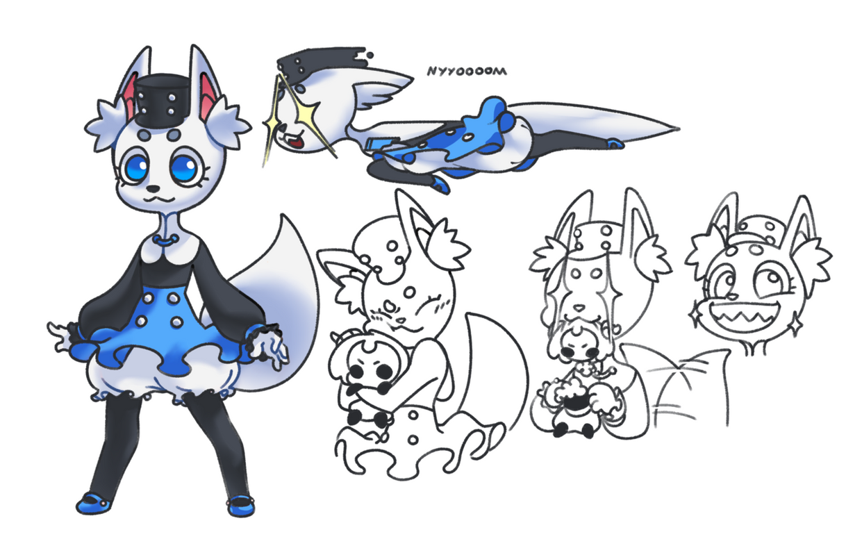 the image is a cartoon drawing of a cute fox character.  the fox is white with black and blue accents. the fox is wearing a blue dress and a black hat and is smiling. there are other fox sketches around the main character.  all the sketches are in a playful pose.