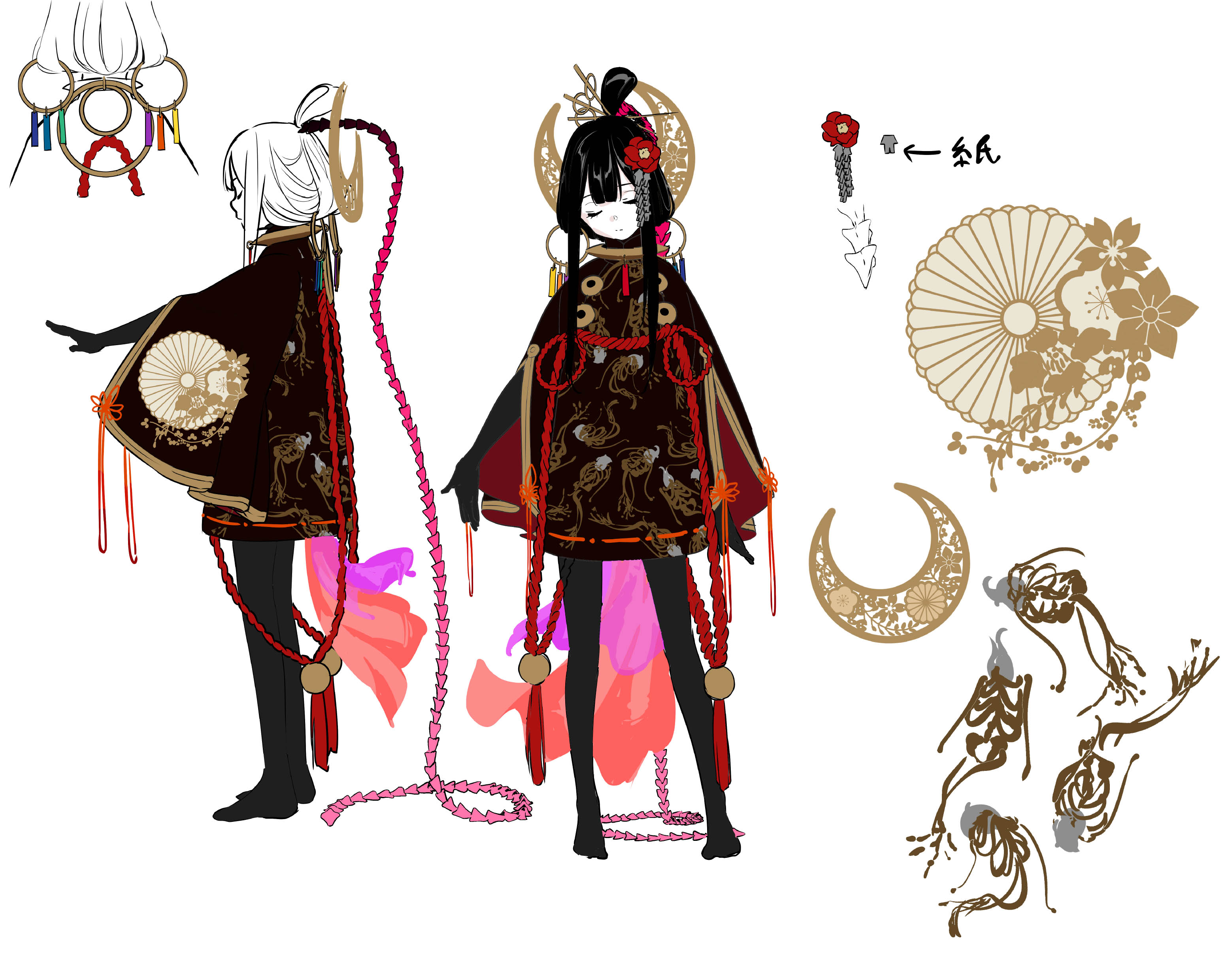 this is an illustration of an anime girl dressed in a traditional japanese kimono. the kimono is black with gold accents and features a beautiful floral design. the girl has long black hair with a red bow. she is wearing a red and pink obi and has a crescent moon on her head. the image also includes several other details, such as flowers, vines, and a fan. the style of the illustration is anime and manga.