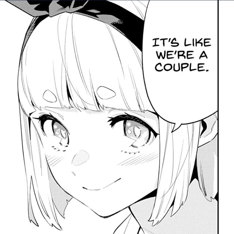 a black and white drawing of a young anime girl with her hair in pigtails, wearing a headband with a bow, and blushing with a smile as she stares into the distance. a speech bubble is above her, saying "it's like we're a couple."