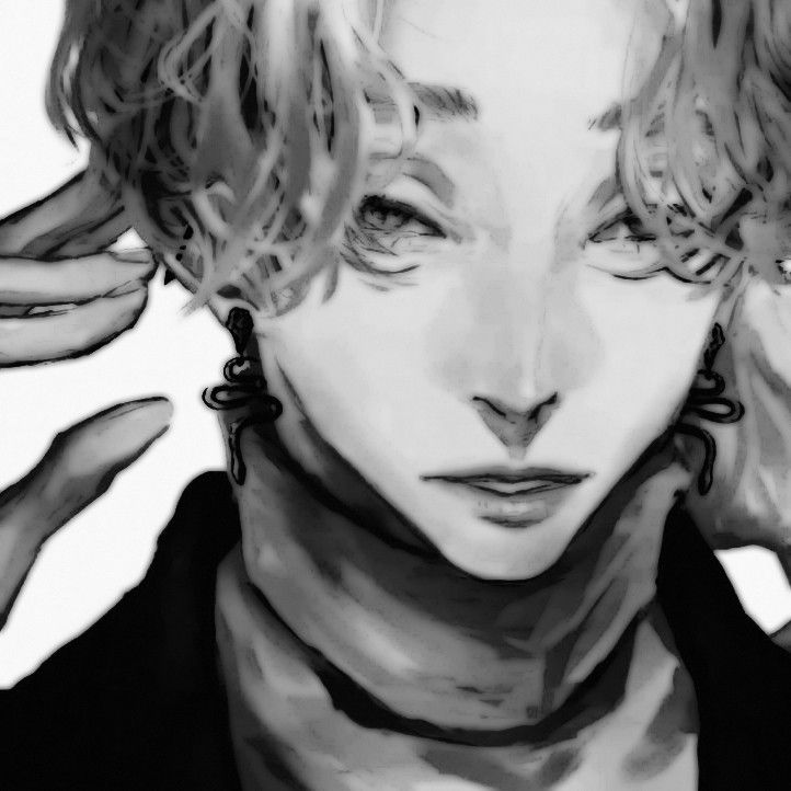 the image is a closeup, black and white digital drawing or illustration of a young, handsome animestyle male character. he has shoulderlength, slightly curly lightcolored hair, and is wearing a dark turtleneck sweater.  his expression is serious or thoughtful.  he is wearing noticeable snakeshaped earrings. the style is artistic and elegant, with a focus on the character's features and overall aesthetic. the image has a slightly mysterious quality due to the monochrome palette and the character's expression.  the hands are slightly visible, adjusting his hair.