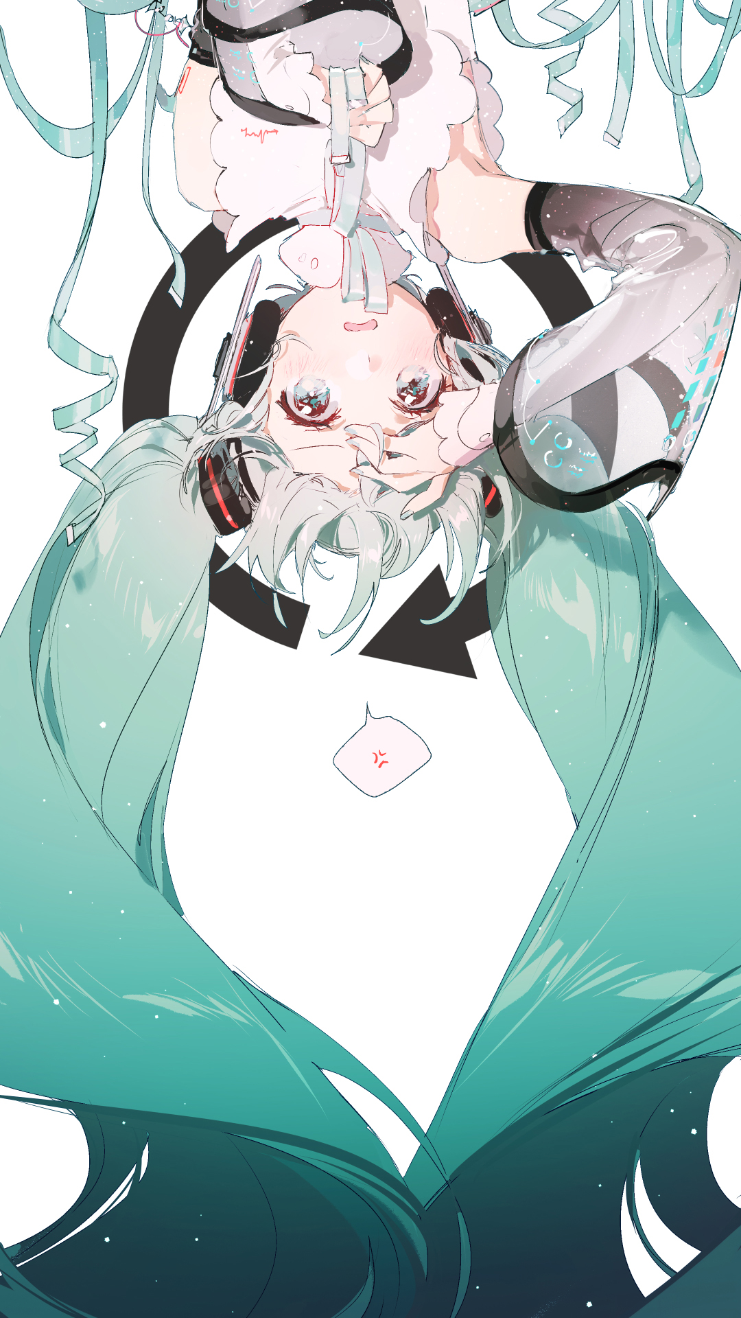 the image features an animestyle illustration of hatsune miku, presented in an upsidedown perspective. she has long, flowing teal pigtails that spread out, with the lower portion of the pigtails fading into a darker teal hue. the illustration captures miku's face with detailed eyes and a slightly frustrated expression, denoted by a small speech bubble containing an anger symbol. she is wearing a futuristic, technostyle outfit with a white ruffled collar, gray sleeves, and headphones. a black circle with arrows is visible in the background behind her head. there are also ribbons floating near the top of the image.