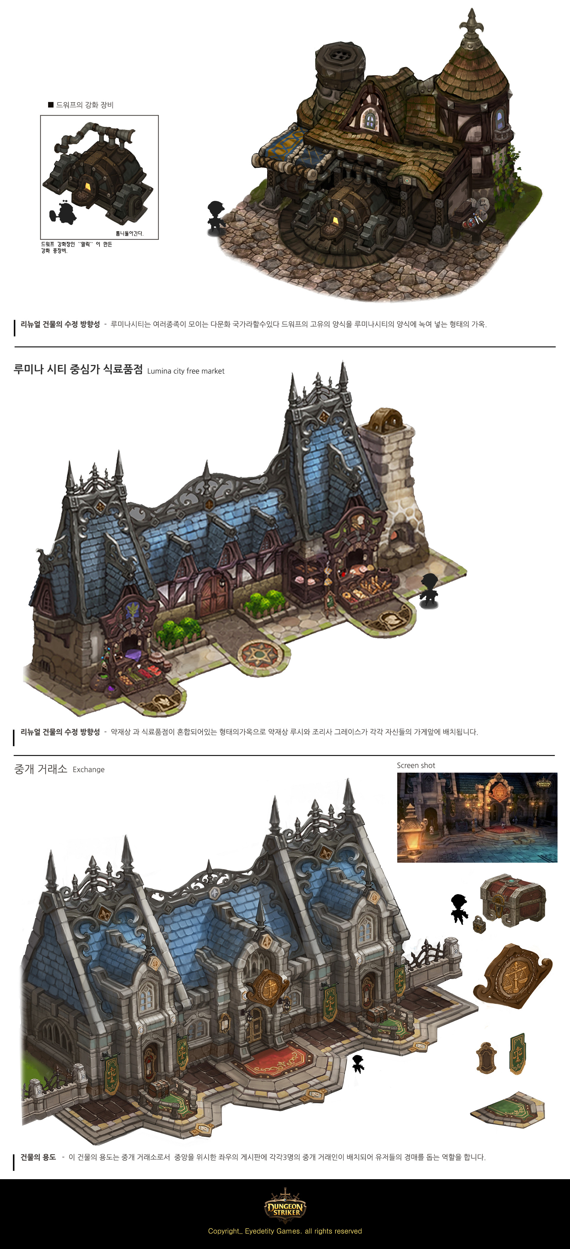 the image showcases concept art for a fantasy medievalstyle marketplace building. it presents three distinct views: a topdown miniature version, a slightly angled isometric view showcasing the building's open layout and bustling market stalls, and a larger, more detailed isometric view highlighting the building's facade and architectural details. the color palette emphasizes earthy tones, creating a warm and inviting atmosphere.