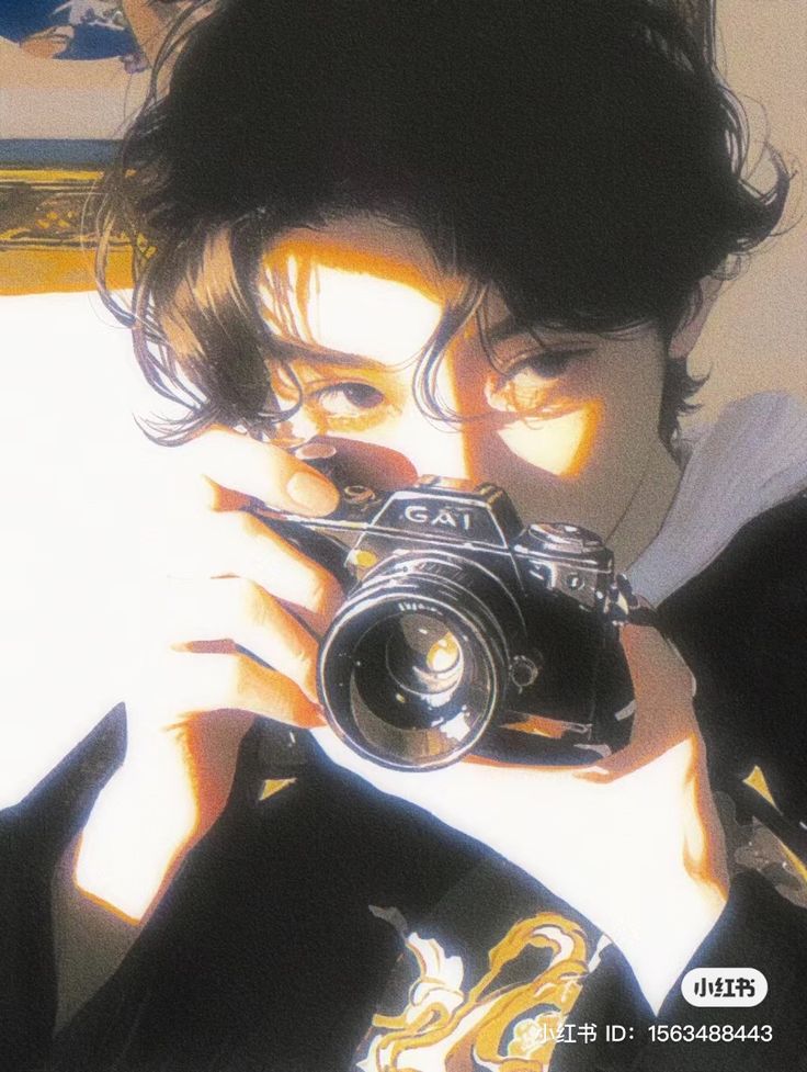 the image is a stylized portrait of a young man, possibly animeinspired, holding a vintage gai camera to his face.  the lighting is dramatic, with strong sunlight creating highlights and shadows on his face and hair. he has dark, slightly tousled hair and is wearing a darkcolored garment with subtle gold detailing visible near the bottom. the overall aesthetic is retro and stylish, evocative of 90s fashion and film photography. the level of detail in the artwork, especially in the rendering of hair and light, is striking.  the image is highly artistic and possibly digital art or a digitally enhanced illustration. a watermark in the bottom right corner indicates a possible origin or artist id.