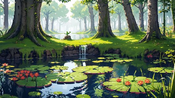 a pixel art image of a peaceful forest scene. a small pond filled with lily pads sits at the center, reflecting the surrounding trees and sunlight. a small waterfall flows into the pond from the bank on the left side. the overall atmosphere is calm and inviting.