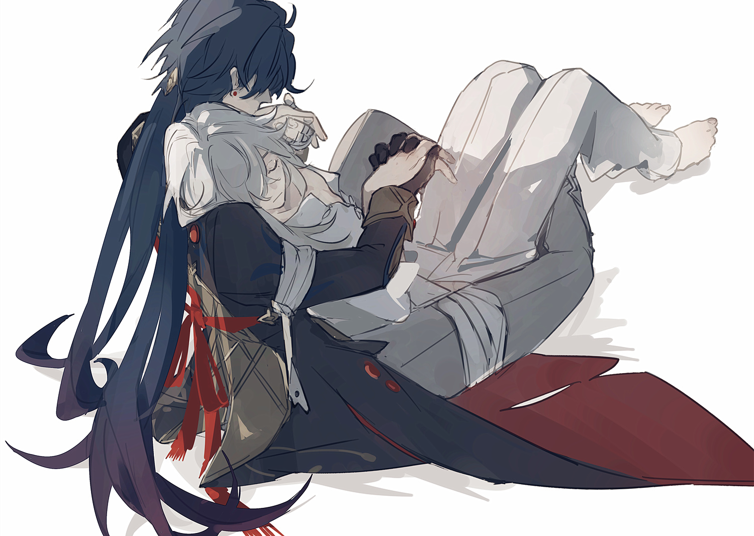 this is a digital illustration of two anime characters. one character is a male with black hair and a dark blue coat. he is hugging a sleeping female character with white hair who is wearing a white shirt. the male character's long black hair is flowing over the scene, and he is looking down at the female character with a gentle expression. the two characters are lying down on a white background.  the image appears to depict a scene of romance and tenderness between two anime characters.