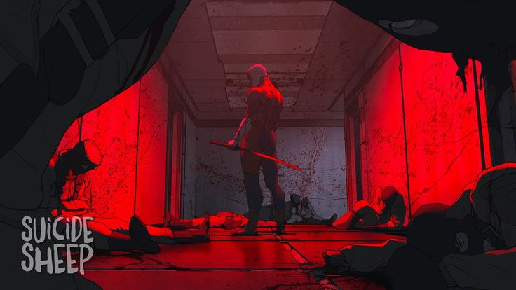 a red tinted image of a hallway filled with bodies. a figure stands in the middle of the hallway, holding a katana. the suicide sheep logo is in the bottom left corner.