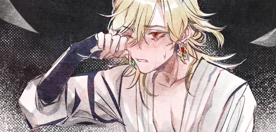 the image is a digital painting of a young anime man with long blonde hair crying. he is drawn in a style reminiscent of manga and anime, with expressive features and dramatic poses. he is wearing a white robe with black sleeves, and is surrounded by a dark and shadowy background. the image is rendered in soft, watercolorlike brushstrokes and has a somber tone. the man's tearful expression and the darkness surrounding him suggest that he is experiencing great sadness or grief.
