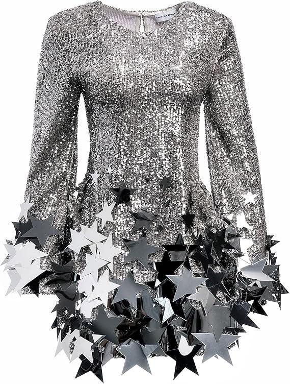 a silver sequined mini dress with long sleeves and star embellishments at the bottom. the dress has a fitted bodice and a slightly flared skirt.
